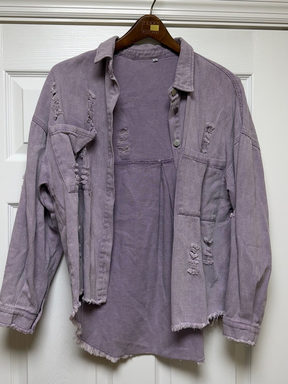 Boutique Distressed Purple Denim Jacket